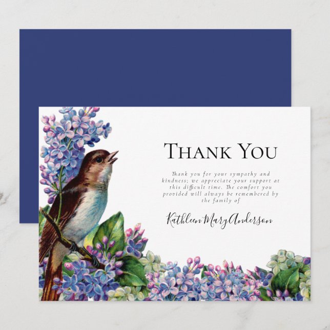 Carte De Remerciements Funérailles vintages d'oiseaux (Devant / Derrière)