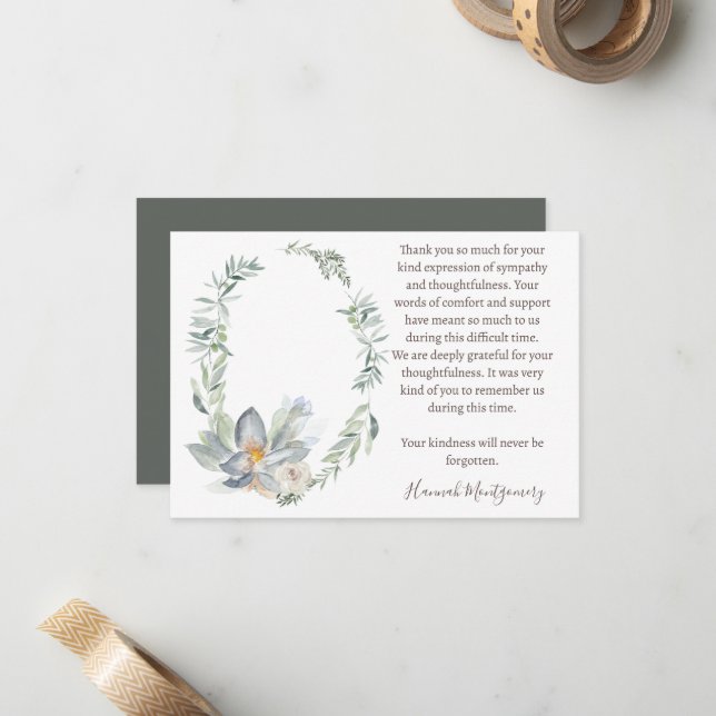 Carte de remerciements funéraire Eucalyptus, Sympa (Devant/Arrière en situation)