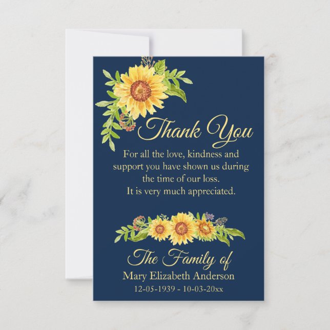Carte De Remerciements Funéraire Floral Aquarelle Tournesol Bleu (Devant)