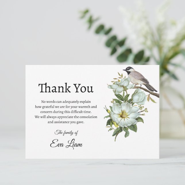 Carte de remerciements funéraire Flower&Bird (Debout devant)