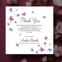 Carte de remerciements funéraire rose Bleu papillo