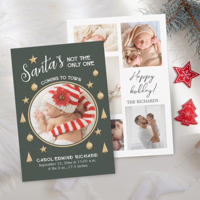 Carte De Remerciements Funny Photo Collage de natalité Statistiques vacan (GREEN CHRISTMAS BABY BIRTH ANNOUNCEMENT CARD)
