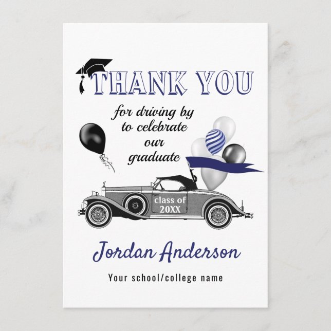 Carte De Remerciements Funny Retro Voiture Conduite Par Graduation Parade (Devant)