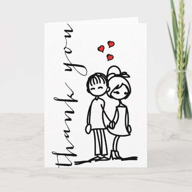 Carte De Remerciements Garçon mignon et fille en amour Doodles Mariage (Devant)