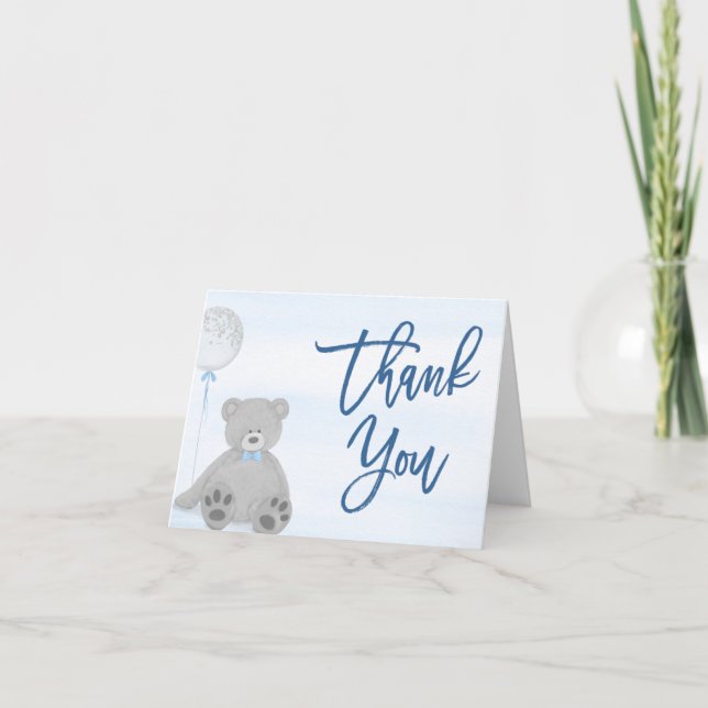 Carte De Remerciements Garçon Teddy Ours Bleu gris Baby shower de ballon (Devant)