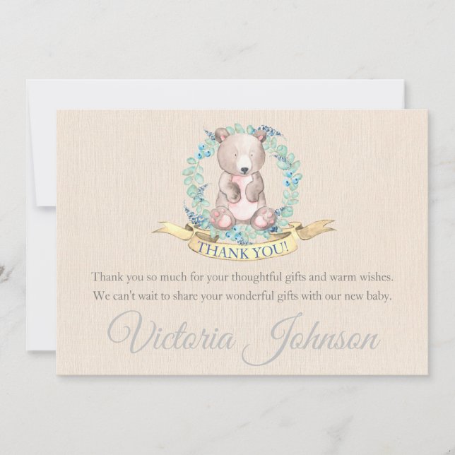Carte De Remerciements Garçons Aquarelle Floral Baby Bear Baby shower (Devant)
