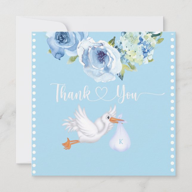 Carte De Remerciements Garçons Blue Stork Monogram Baby shower Floral (Devant)
