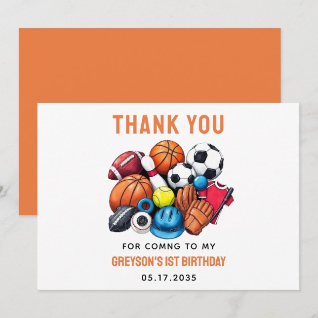 Carte De Remerciements Garçons modernes Ballons de sport Tout étoile 1er  (Devant / Derrière)
