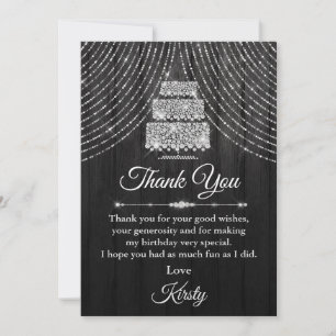 Carte De Remerciements Gâteau noir diamant argent fête d'anniversaire