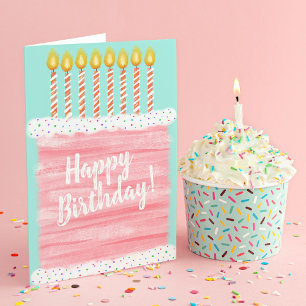 Carte De Remerciements Gâteau rose et bougies d'anniversaire heureux