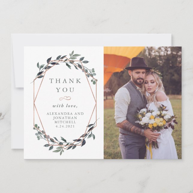 Carte De Remerciements Geo vert | Photo Mariage or Rose (Devant)
