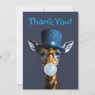Carte De Remerciements Girafe en lunettes, cravate arc, chapeau bleu gomm