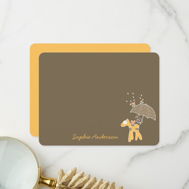 Carte De Remerciements Girafe Jaune Caricature Avec Baby shower Parapluie (Devant/Arrière en situation)