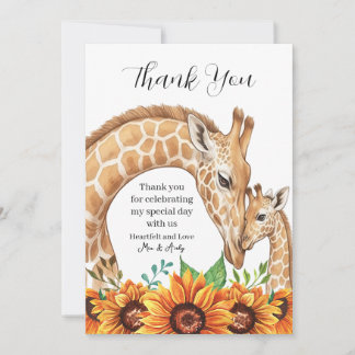 Carte De Remerciements Girafe mère et bébé avec tournesols