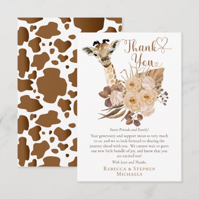 Carte De Remerciements Giraffe Boho Meilleur Baby shower Grasses séchées  (Devant / Derrière)