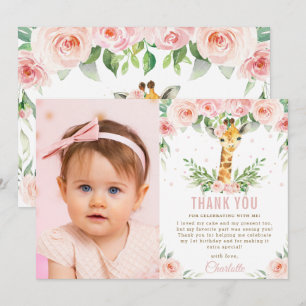 Carte De Remerciements Giraffe Jungle Blush Floral 1er anniversaire Photo