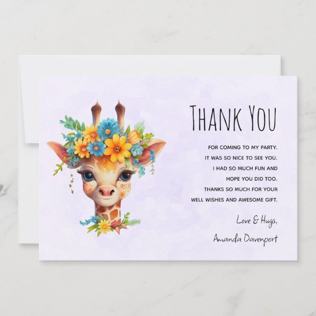 Carte De Remerciements Giraffe mignonne à couronne florale (Devant)