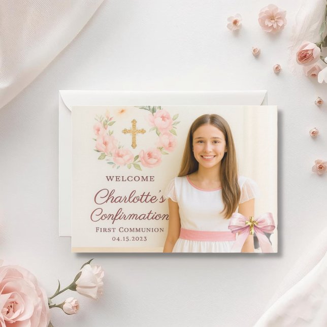 Carte De Remerciements Girl photo pink bow cross First Holy Communion (Créateur téléchargé)