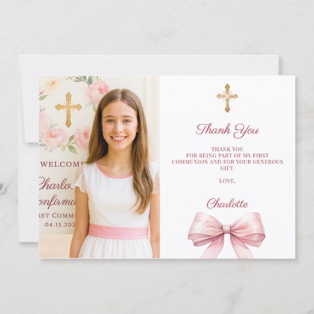 Carte De Remerciements Girl photo pink bow First Holy Communion (Devant)