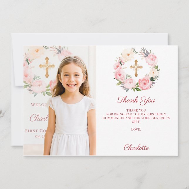 Carte De Remerciements Girl photo pink florals cross First Communion  (Devant)