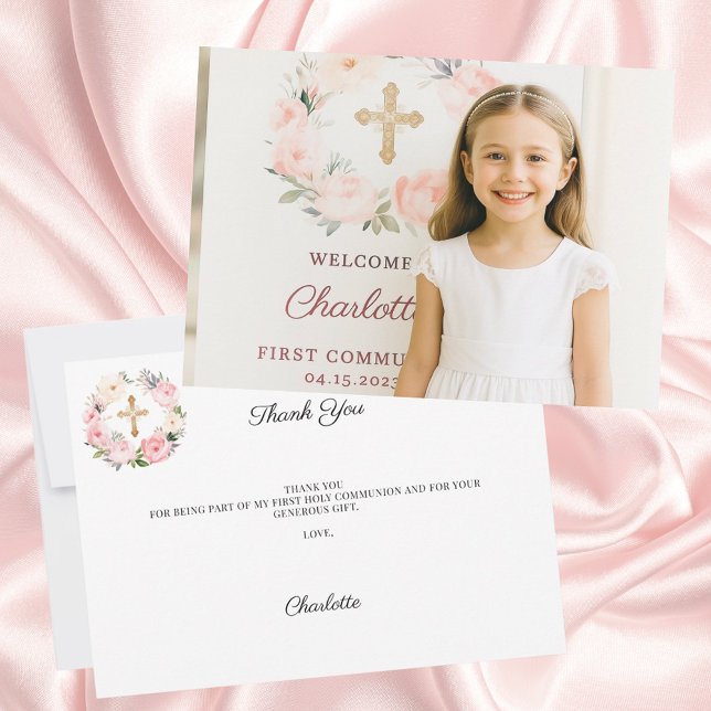 Carte De Remerciements Girl photo pink florals cross First Communion  (Créateur téléchargé)