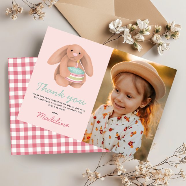Carte De Remerciements Girls Cute Pink Bunny Photo Kids Birthday  (Créateur téléchargé)