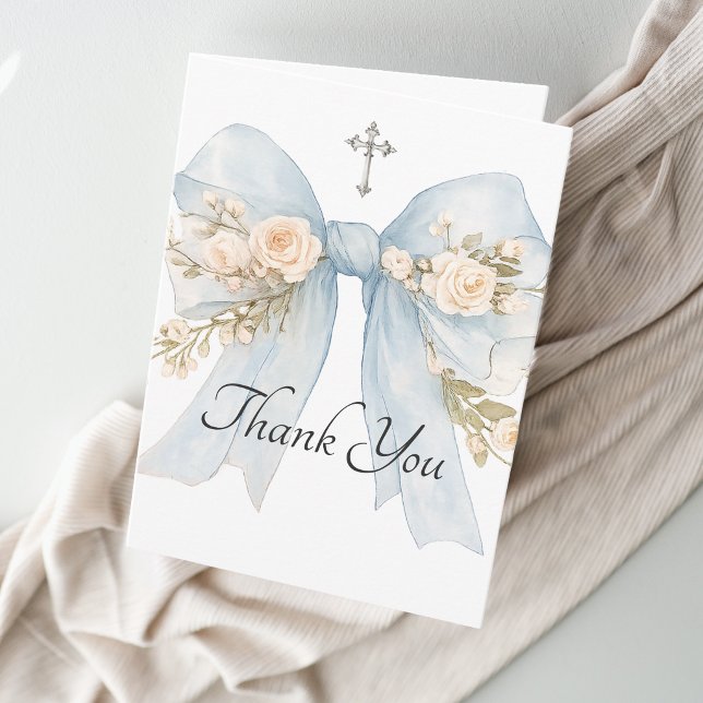 Carte De Remerciements Girl's First Communion Blue Floral Bow Thank You (Créateur téléchargé)