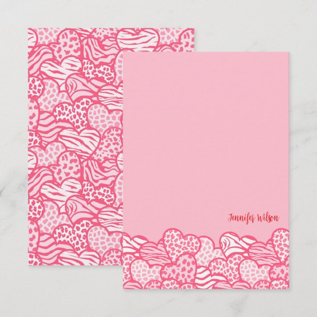 Carte De Remerciements Girly Blush Rose mignon Animal Imprimer Coeurs Nom (Devant / Derrière)