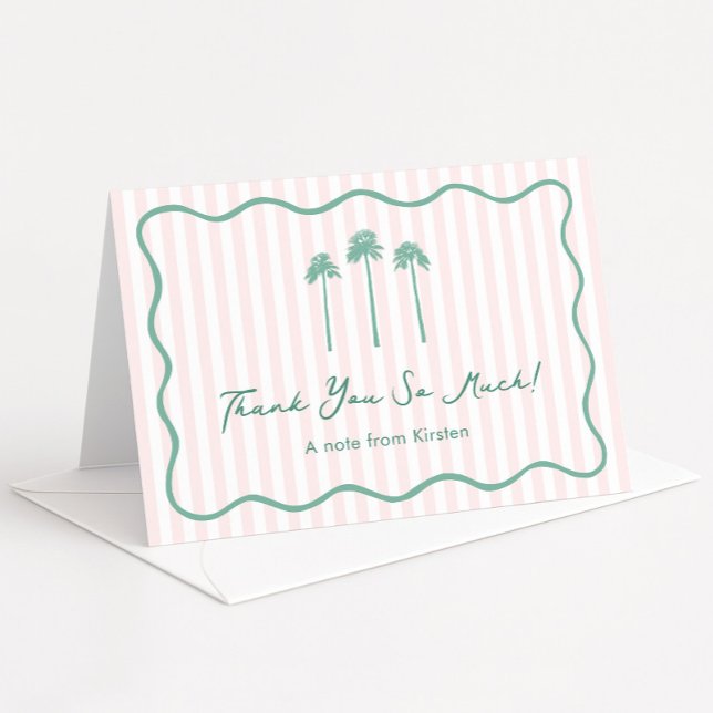 Carte De Remerciements Girly Hand-drawn Palm Springs Bachelorette Party (Pink Mint Tropical Fan Palm Trees Palm Springs folding thank you card hand-drawn squiggle border)