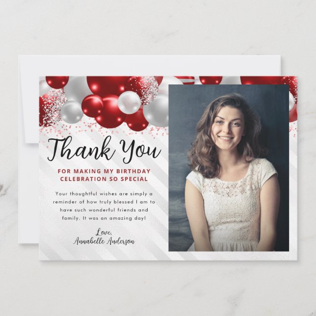 Carte De Remerciements Glam Burgundy Red Balloon Parties scintillant Phot (Devant)
