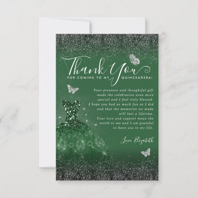 Carte De Remerciements Glam Emerald Green Parties scintillant Argent Gown (Devant)