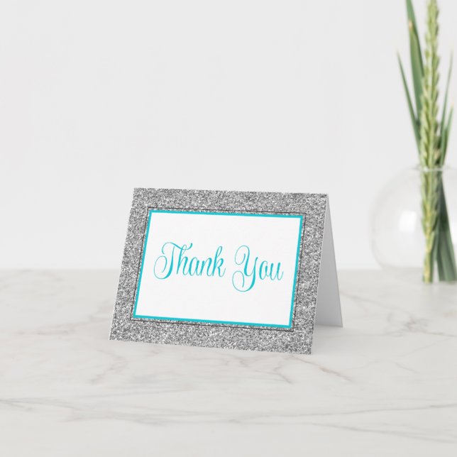 Carte De Remerciements Glam Faux Glitter Silver Teal Blue Thank You (Devant)