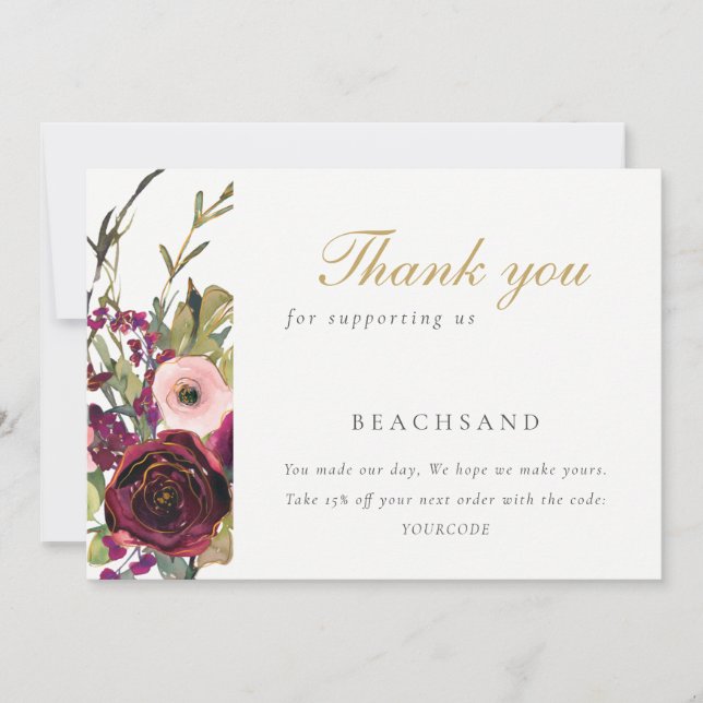 Carte De Remerciements Glam Gold Blush Bourgogne Rose Floral Business (Devant)