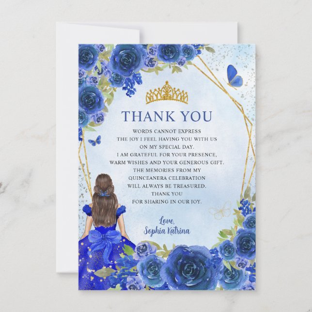 Carte De Remerciements Glam Navy Blue Gold Floral Princess Quinceañera (Devant)