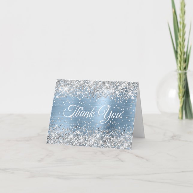 Carte De Remerciements Glitterie Argent et Bleu clair huile 40e anniversa (Devant)