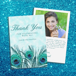 Carte De Remerciements Glitterie Turquoise Peacock Feathers Sweet 16 Phot