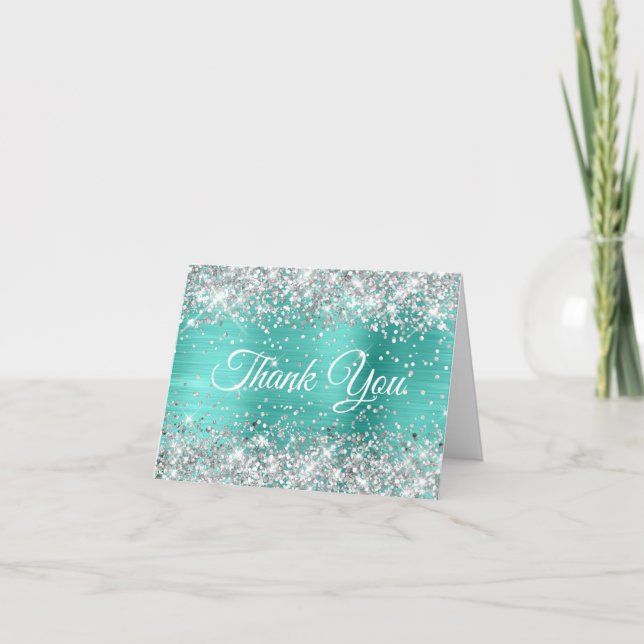 Carte De Remerciements Glittery Argent et Turquoise Foil 40e anniversaire (Devant)