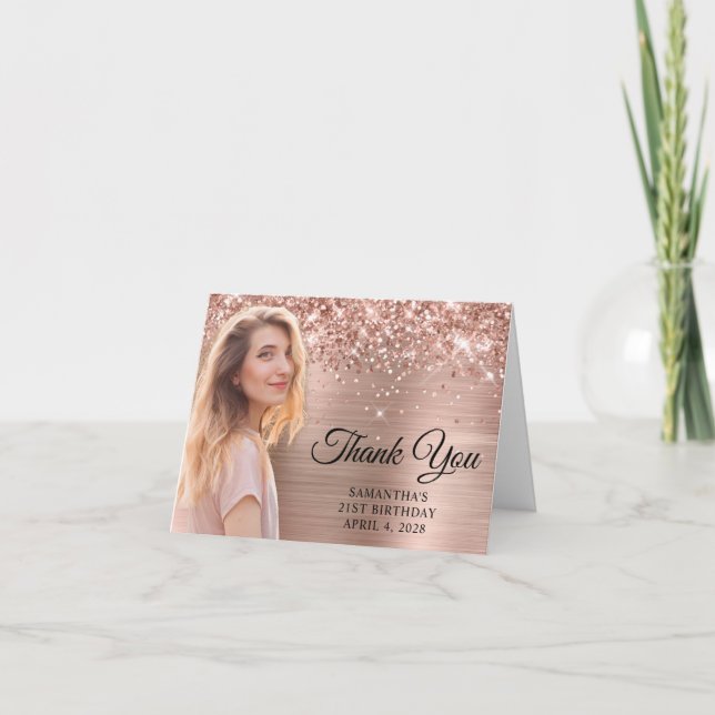 Carte De Remerciements Glittery Rose Gold Foil Cutout Photo 21e anniversa (Devant)