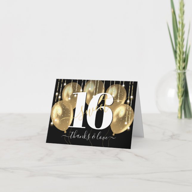Carte De Remerciements Gold Black Girly Luxury Sweet 16 Balloons d'annive (Devant)