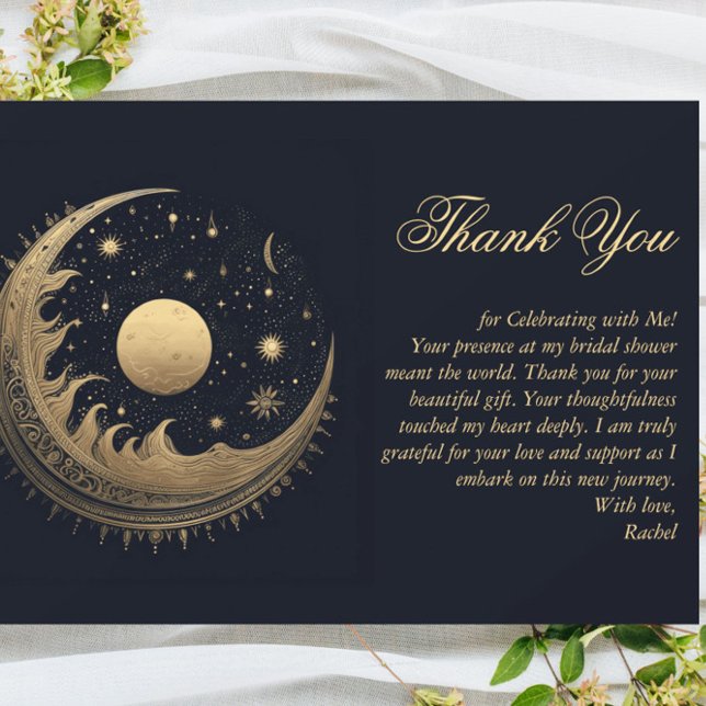 Carte De Remerciements Gold & Black Moon & Stars Fête des mariées céleste (Créateur téléchargé)