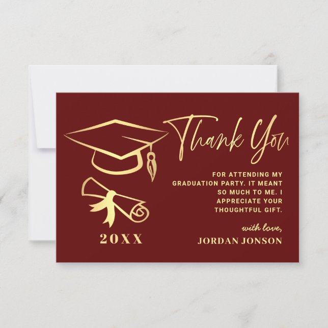 Carte De Remerciements Gold Burgundy Modern Graduation Party (Devant)