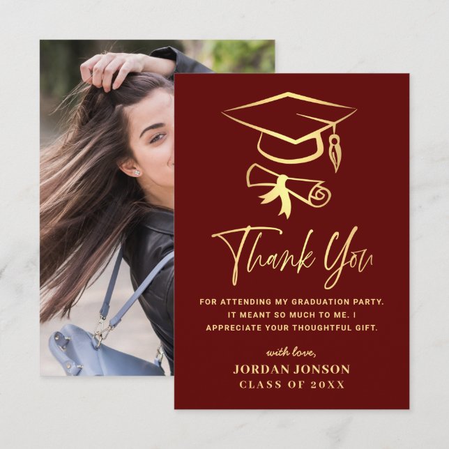 Carte De Remerciements Gold Burgundy Modern Graduation PHOTO (Devant / Derrière)