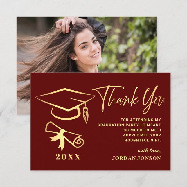 Carte De Remerciements Gold Burgundy Modern Graduation PHOTO (Devant / Derrière)