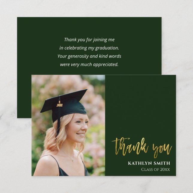 Carte De Remerciements Gold Calligraphy Green Modern Photo Graduation (Devant / Derrière)
