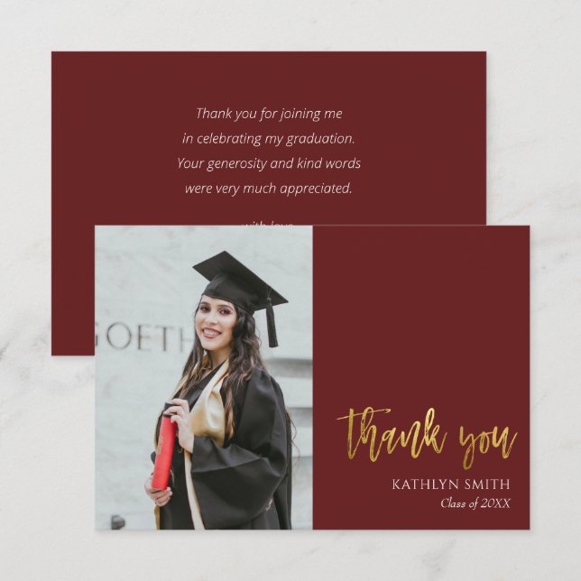 Carte De Remerciements Gold Calligraphy Red Modern Photo Graduation (Devant / Derrière)