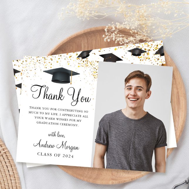 Carte De Remerciements Gold confetti Graduate Caps Photo (Créateur téléchargé)