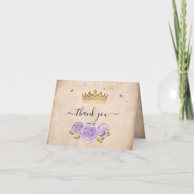 Carte De Remerciements Gold Crown Lumière violet Rose élégant plié (Devant)