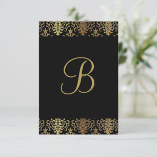 Carte De Remerciements Gold Damask Monogramme noir Élégant Chic