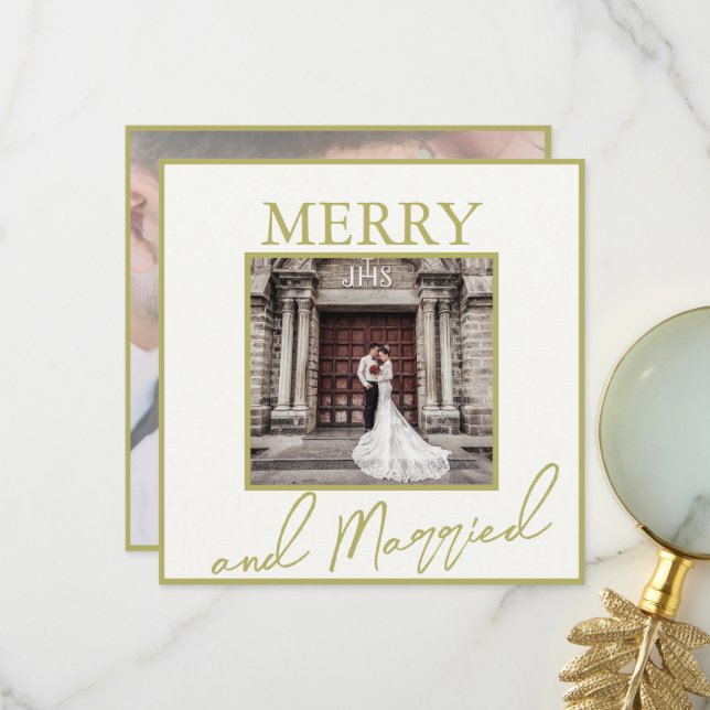 Carte De Remerciements Gold Elegant Merry & Marié 2 Photos (Devant/Arrière en situation)