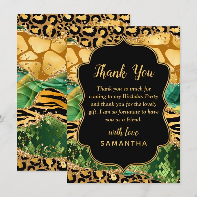 Carte De Remerciements Gold et Green Safari Agate Anniversaire (Devant / Derrière)